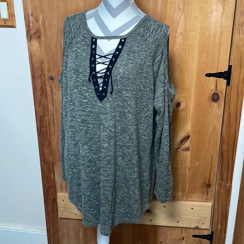 No comment army green, cold shoulder, long sleeve tunic 3X